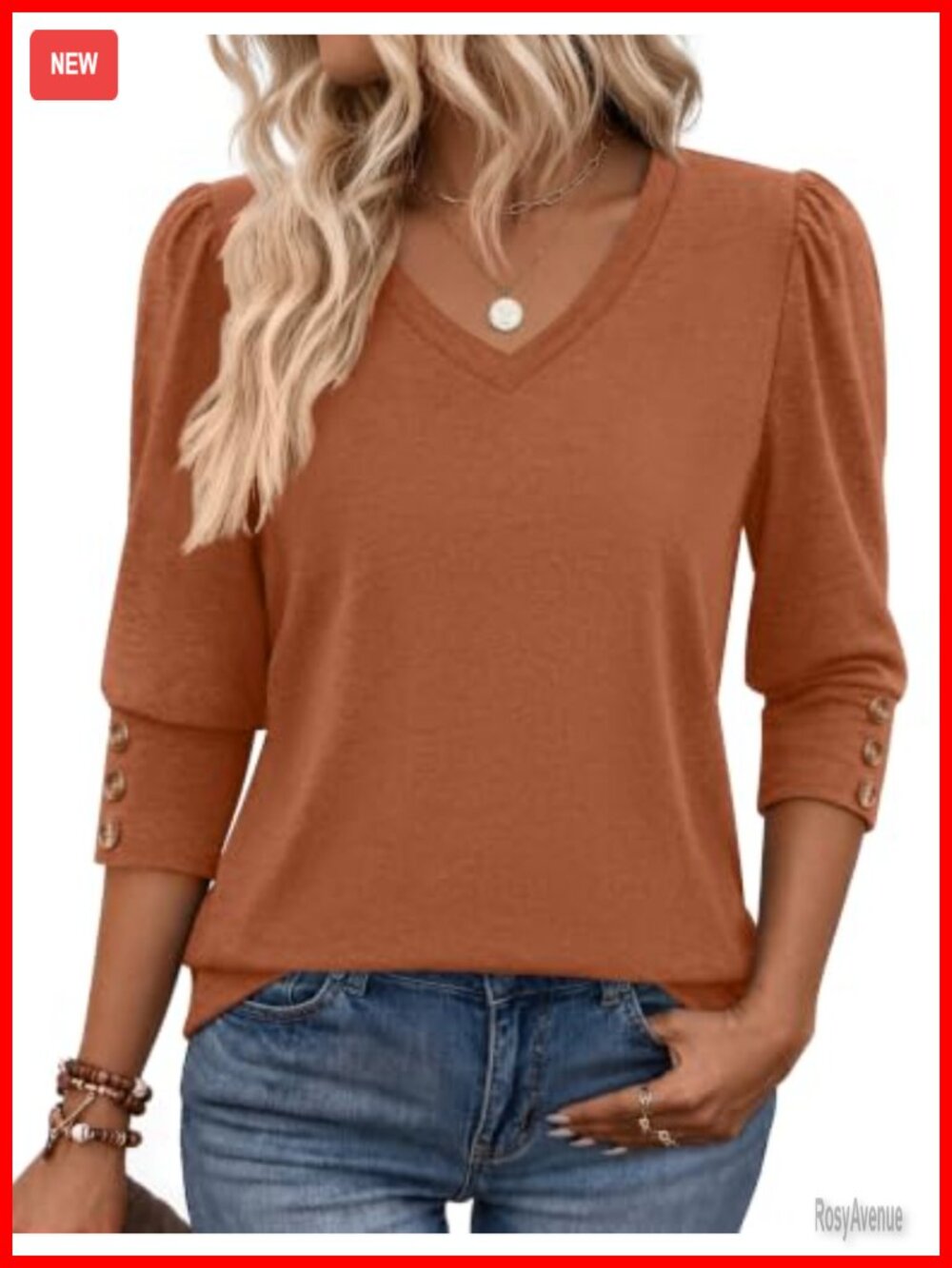 Womens 3/4 Sleeve V Neck Blouse Puff Sleeve Button Down Dressy Casual Top